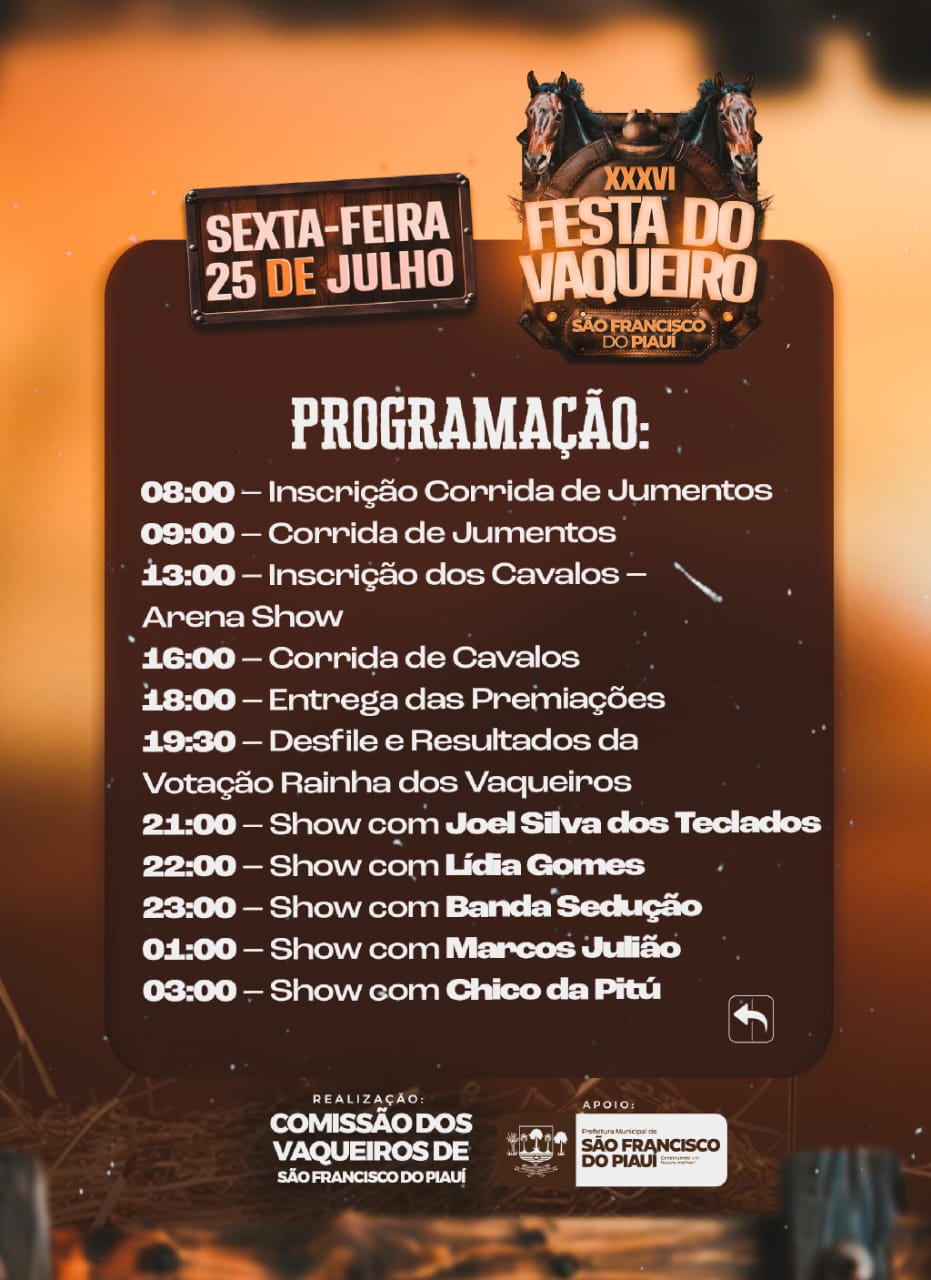 A Pref. Municipal de São Francisco  por meio do prefeito Dr. Fabiano Araújo, tem a honra de convidar a todos para  XXXVI Festa do Vaqueiro.